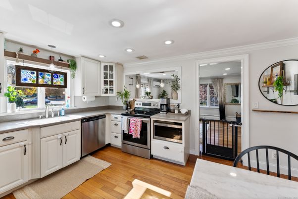 Interior, Kitchen, Recessed Lighting, Stainless Steel Appliances, Wood Texture Flooring