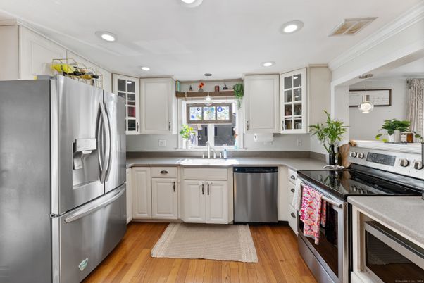 Interior, Kitchen, Recessed Lighting, Stainless Steel Appliances, Wood Texture Flooring