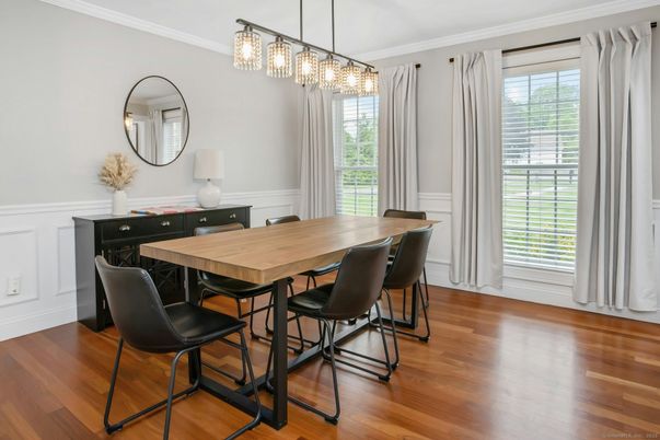 Chandelier, Dining room, Interior, Pendant Lights, Wood Texture Flooring