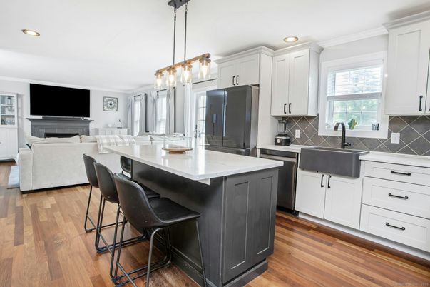 Fireplace, Interior, Kitchen, Living room, Pendant Lights, Recessed Lighting, Wood Texture Flooring