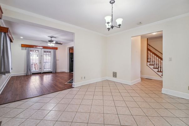 Chandelier, Empty room, Interior, Pendant Lights, Recessed Lighting, Wood Texture Flooring