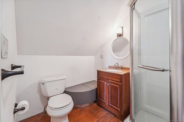 Bathroom, Glass Shower, Interior, Wood Texture Flooring