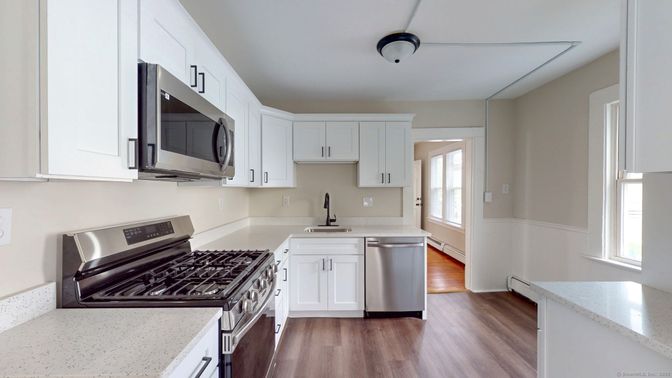 Interior, Kitchen, Stainless Steel Appliances, Wood Texture Flooring
