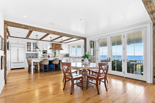 Dining room, Interior, Kitchen, Pendant Lights, Recessed Lighting, Water, Wooden Beams, Wood Texture Flooring