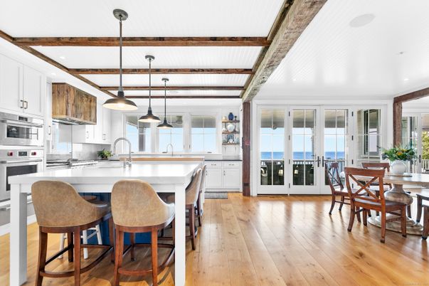 Dining room, Interior, Kitchen, Pendant Lights, Recessed Lighting, Water, Wooden Beams, Wood Texture Flooring