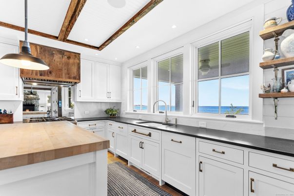 Interior, Kitchen, Pendant Lights, Recessed Lighting, Stainless Steel Appliances, Water, Wooden Beams, Wood Texture Flooring