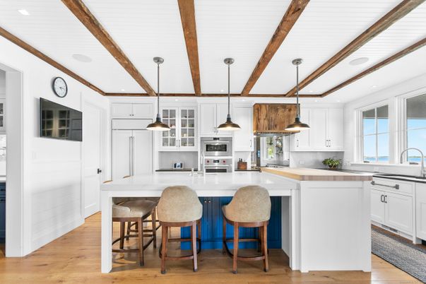 Interior, Kitchen, Pendant Lights, Recessed Lighting, Stainless Steel Appliances, Wooden Beams, Wood Texture Flooring