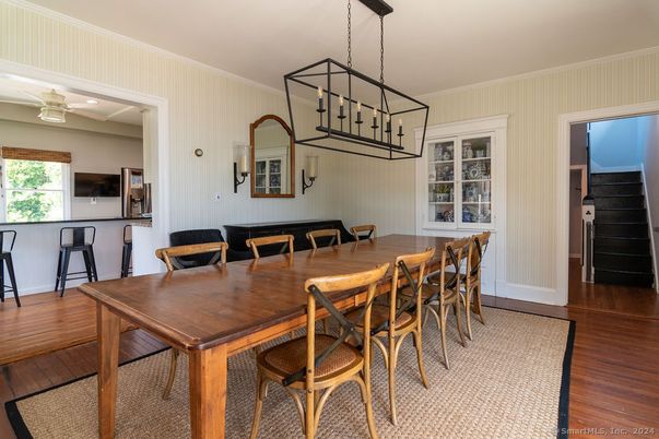 Dining room, Interior, Pendant Lights, Recessed Lighting, Wood Texture Flooring