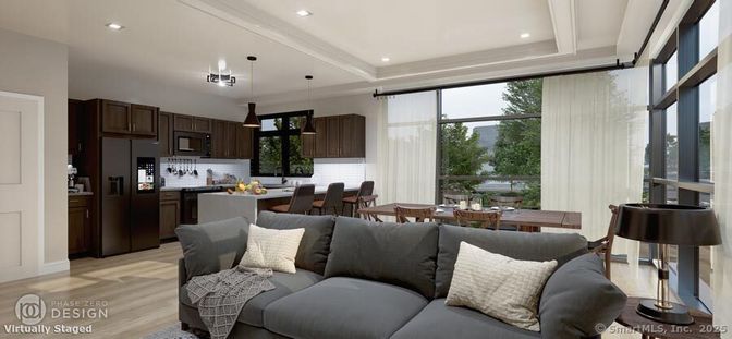 Dining room, Interior, Kitchen, Living room, Pendant Lights, Recessed Lighting, Stainless Steel Appliances, Wood Texture Flooring