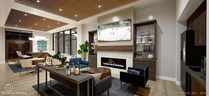 Dining room, Fireplace, Interior, Living room, Pendant Lights, Recessed Lighting, Wooden Ceilings, Wood Texture Flooring