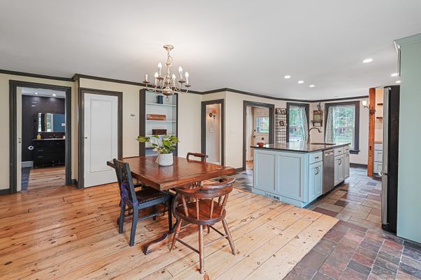 Chandelier, Dining room, Interior, Kitchen, Recessed Lighting, Wood Texture Flooring
