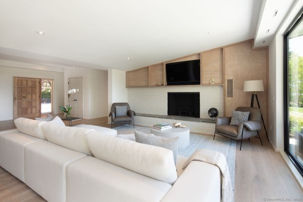 Fireplace, Interior, Living room, Recessed Lighting, Wood Texture Flooring