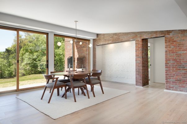 Dining room, Interior, Pendant Lights, Stone Walls, Wood Texture Flooring