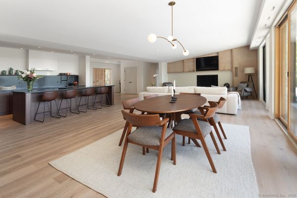 Dining room, Interior, Living room, Pendant Lights, Recessed Lighting, Wood Texture Flooring