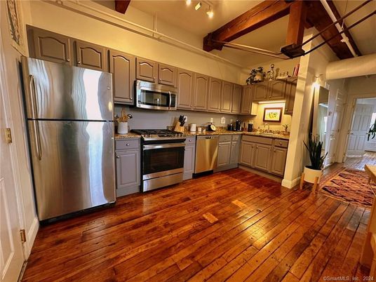 Interior, Kitchen, Stainless Steel Appliances, Wooden Beams, Wood Texture Flooring