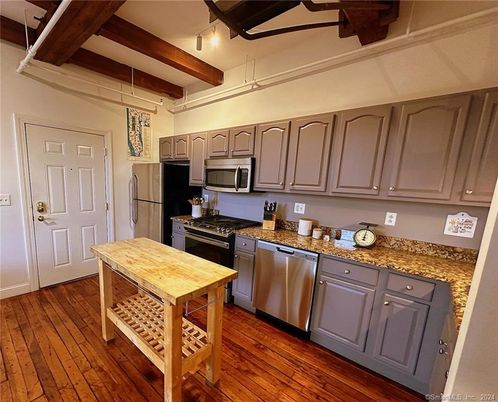 Interior, Kitchen, Stainless Steel Appliances, Wooden Beams, Wood Texture Flooring