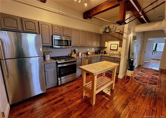 Interior, Kitchen, Stainless Steel Appliances, Wooden Beams, Wood Texture Flooring