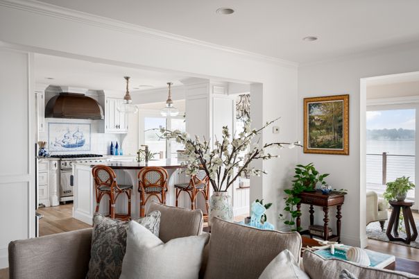 Interior, Kitchen, Living room, Pendant Lights, Recessed Lighting, Water, Wood Texture Flooring