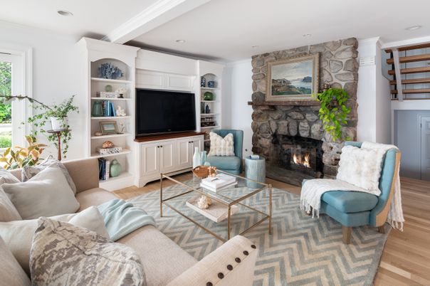 Fireplace, Interior, Living room, Recessed Lighting, Stone Walls, Wood Texture Flooring