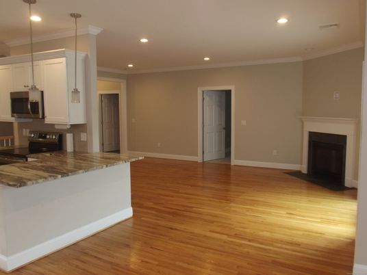 Empty room, Fireplace, Interior, Pendant Lights, Recessed Lighting, Wood Texture Flooring