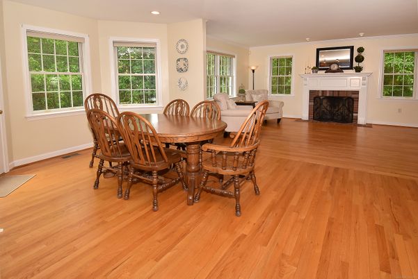 Dining room, Fireplace, Interior, Recessed Lighting, Wood Texture Flooring