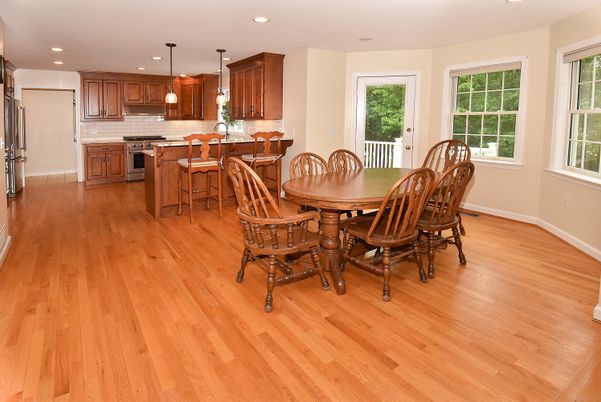 Dining room, Interior, Kitchen, Pendant Lights, Recessed Lighting, Wood Texture Flooring