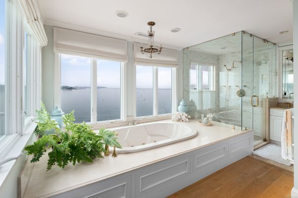 Bathroom, Glass Shower, Interior, Recessed Lighting, Water, Wood Texture Flooring