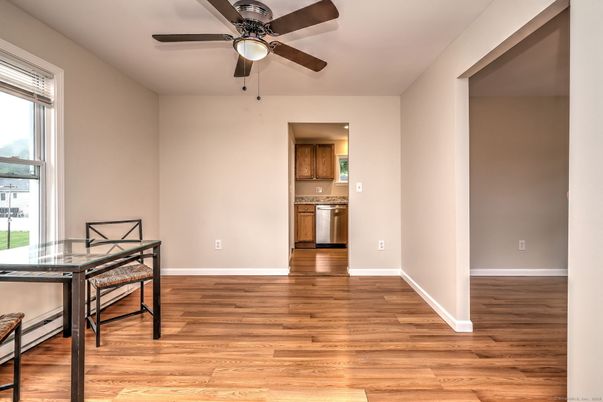 Dining room, Interior, Kitchen, Stainless Steel Appliances, Wood Texture Flooring