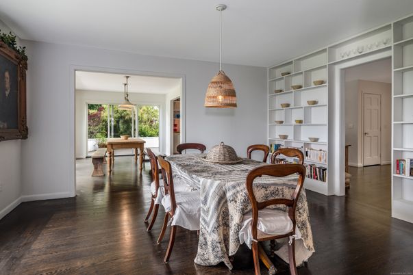 Dining room, Interior, Pendant Lights, Wood Texture Flooring