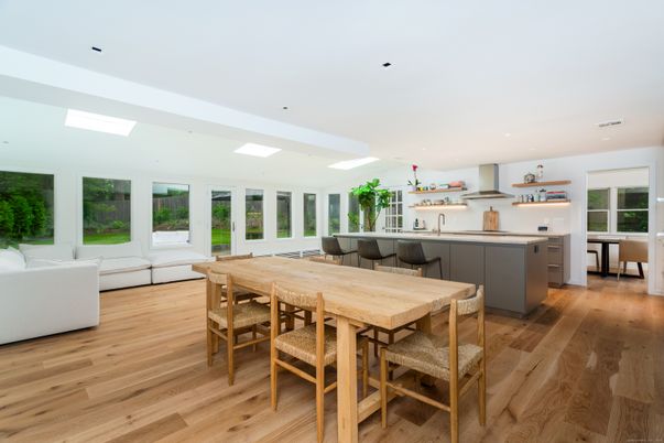 Dining room, Interior, Kitchen, Recessed Lighting, Wood Texture Flooring