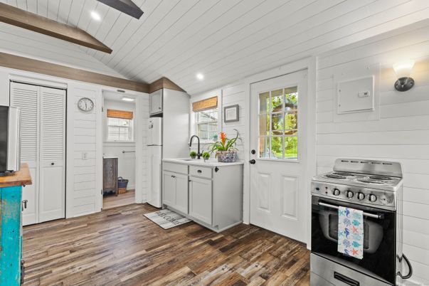 Interior, Kitchen, Recessed Lighting, Stainless Steel Appliances, Wooden Beams, Wood Texture Flooring