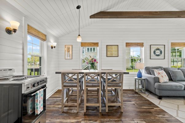 Dining room, Interior, Kitchen, Pendant Lights, Stainless Steel Appliances, Wooden Beams, Wood Texture Flooring