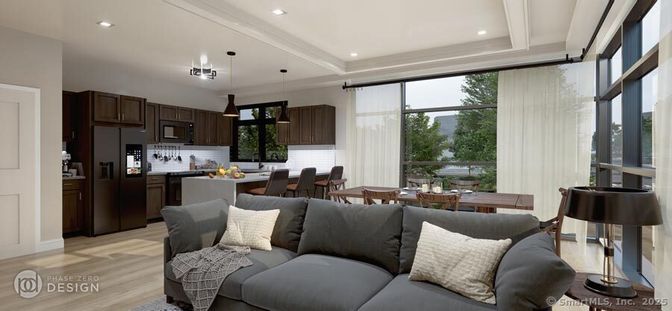 Dining room, Interior, Kitchen, Living room, Pendant Lights, Recessed Lighting, Stainless Steel Appliances, Wood Texture Flooring