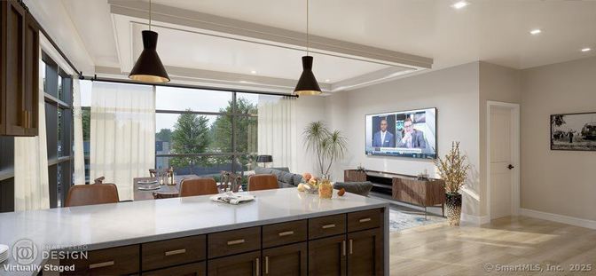 Dining room, Interior, Living room, Pendant Lights, Recessed Lighting, Wood Texture Flooring