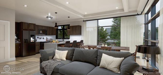Dining room, Interior, Kitchen, Living room, Pendant Lights, Recessed Lighting, Stainless Steel Appliances, Wood Texture Flooring