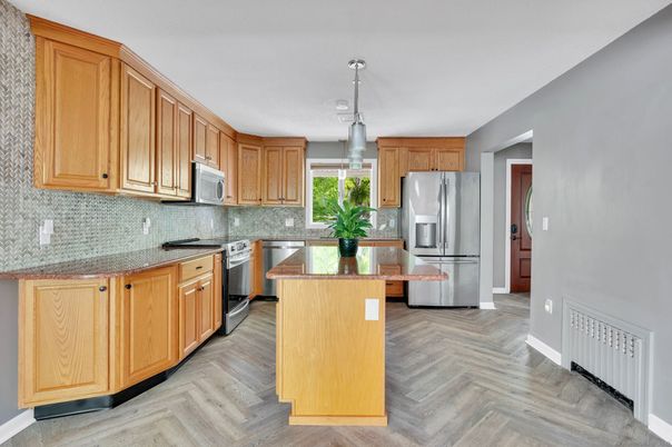 Interior, Kitchen, Pendant Lights, Stainless Steel Appliances, Wood Texture Flooring