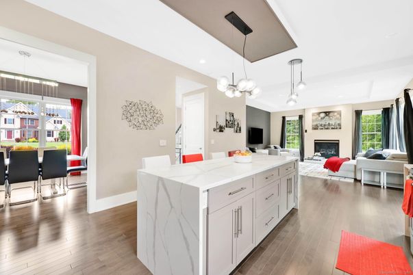 Dining room, Fireplace, Interior, Kitchen, Living room, Pendant Lights, Recessed Lighting, Wood Texture Flooring