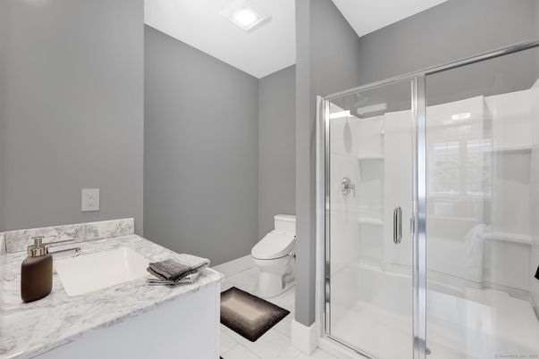 Bathroom, Glass Shower, Interior, Marble, Recessed Lighting