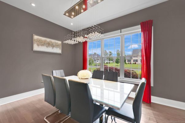 Dining room, Interior, Pendant Lights, Recessed Lighting, Wood Texture Flooring