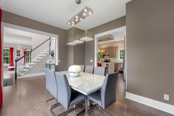 Dining room, Interior, Kitchen, Pendant Lights, Recessed Lighting, Wood Texture Flooring