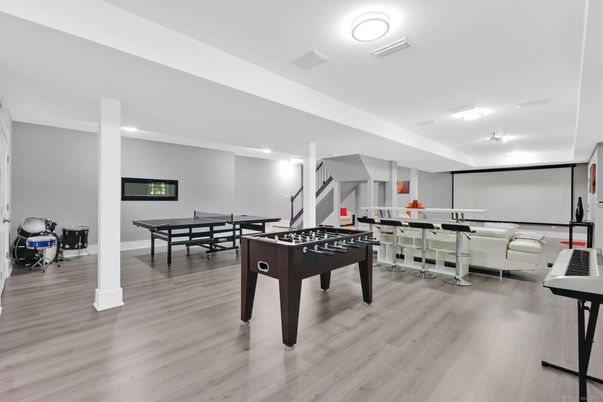 Billiard Table, Game Room, Interior, Projection Screen, Recessed Lighting, Wood Texture Flooring