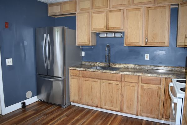 Interior, Kitchen, Tile Countertops, Wood Texture Flooring