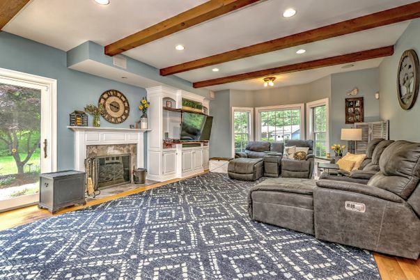 Fireplace, Interior, Living room, Recessed Lighting, Wooden Beams, Wood Texture Flooring