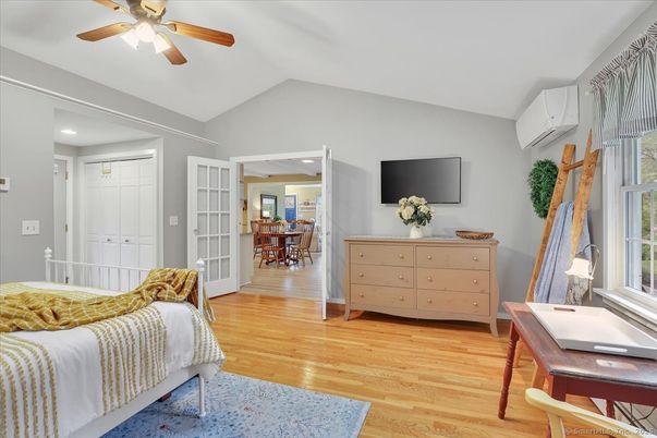 Bedroom, Dining room, Interior, Recessed Lighting, Wood Texture Flooring