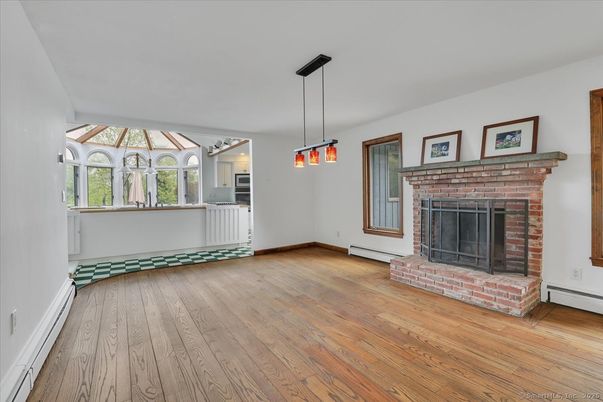 Empty room, Fireplace, Interior, Pendant Lights, Wood Texture Flooring