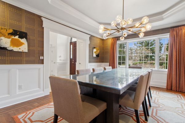 Dining room, Interior, Pendant Lights, Wood Texture Flooring
