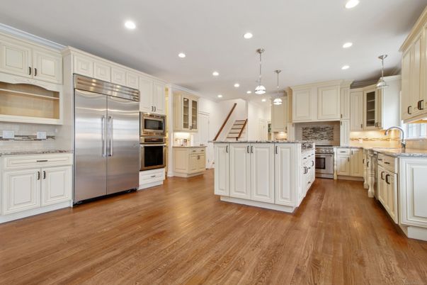 Interior, Kitchen, Pendant Lights, Recessed Lighting, Stainless Steel Appliances, Wood Texture Flooring