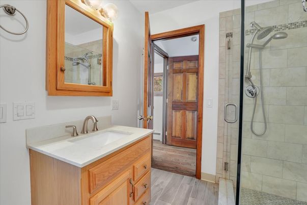 Bathroom, Glass Shower, Interior, Wood Texture Flooring