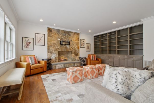 Fireplace, Interior, Living room, Recessed Lighting, Stone Walls, Wood Texture Flooring