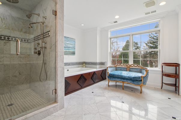 Bathroom, Glass Shower, Interior, Marble, Recessed Lighting